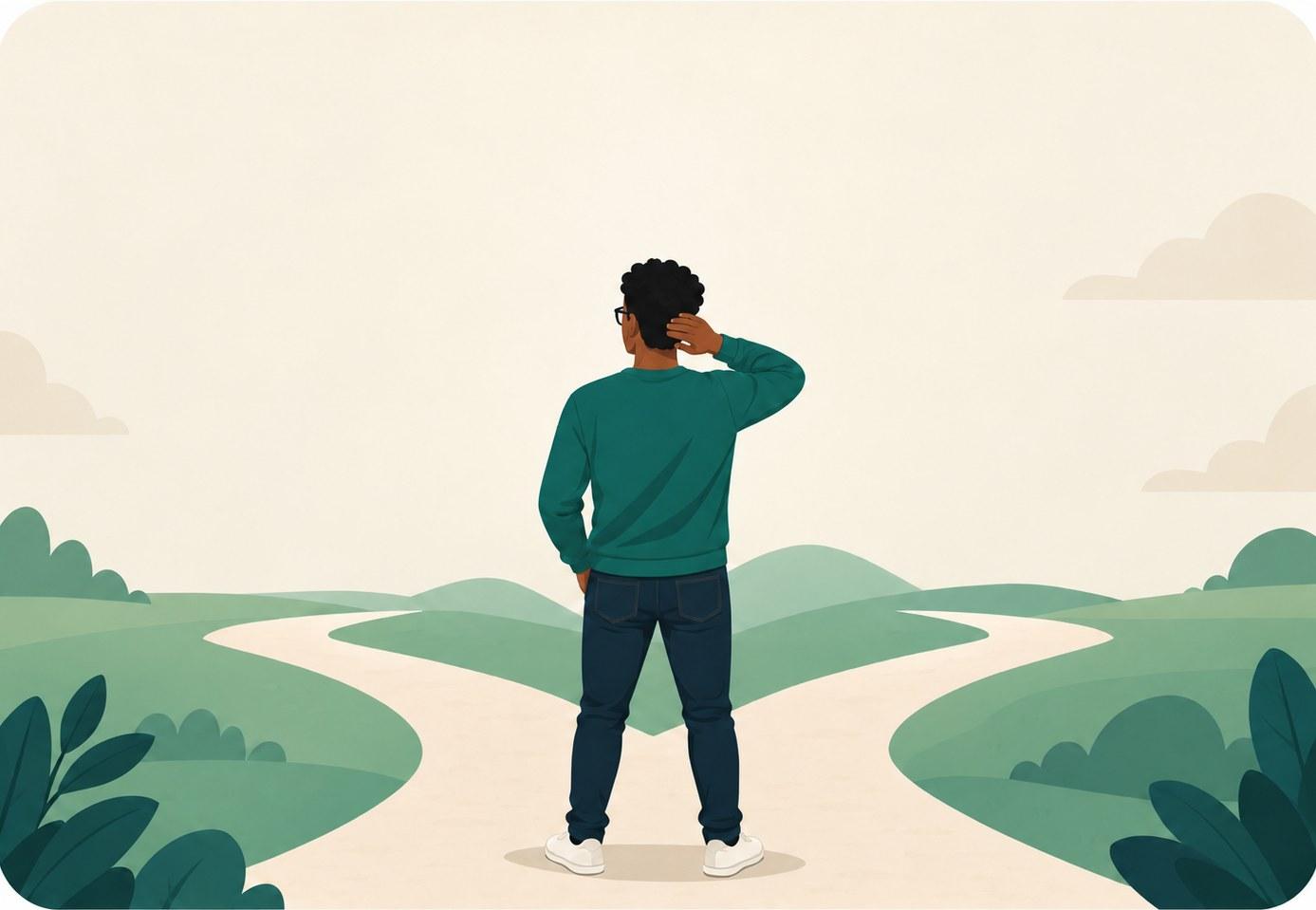 Illustration : une personne de dos, à un carrefour, se gratte la tête devant deux chemins qui partent dans des directions opposées.