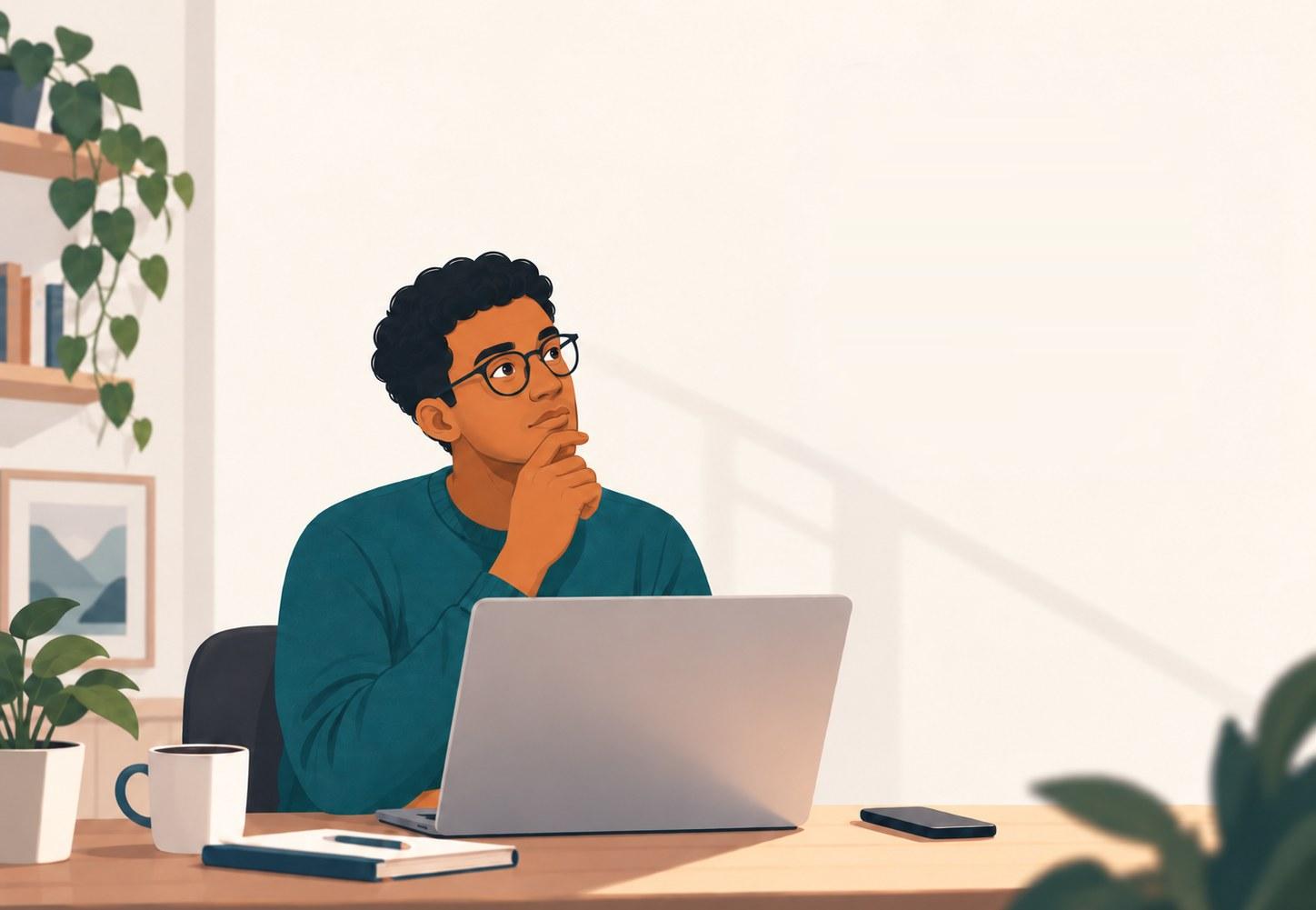 Illustration : une personne réfléchit devant son ordinateur portable, dans un bureau clair, à côté d'un globe terrestre.