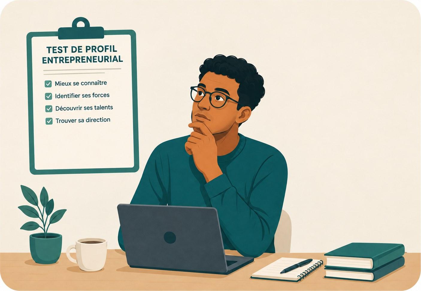 Illustration : une personne s'interroge devant son ordinateur, à côté d'un tableau « Test de profil entrepreneurial ».