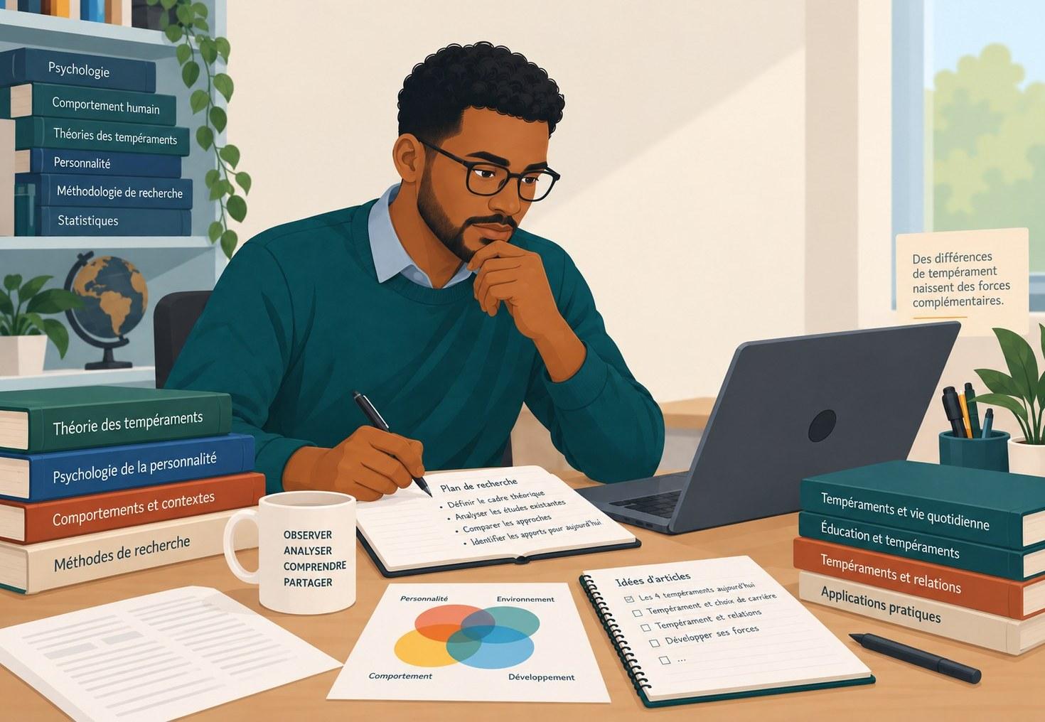 Illustration : une personne travaille à son bureau, entourée d'ouvrages de psychologie, de théorie des tempéraments et de méthodologie de recherche, avec un plan de recherche et une liste d'idées d'articles ouverts devant elle